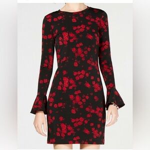 Michael Kors Eden Rose Flounce Bell Sleeve Black Red Floral Shift Dress Small